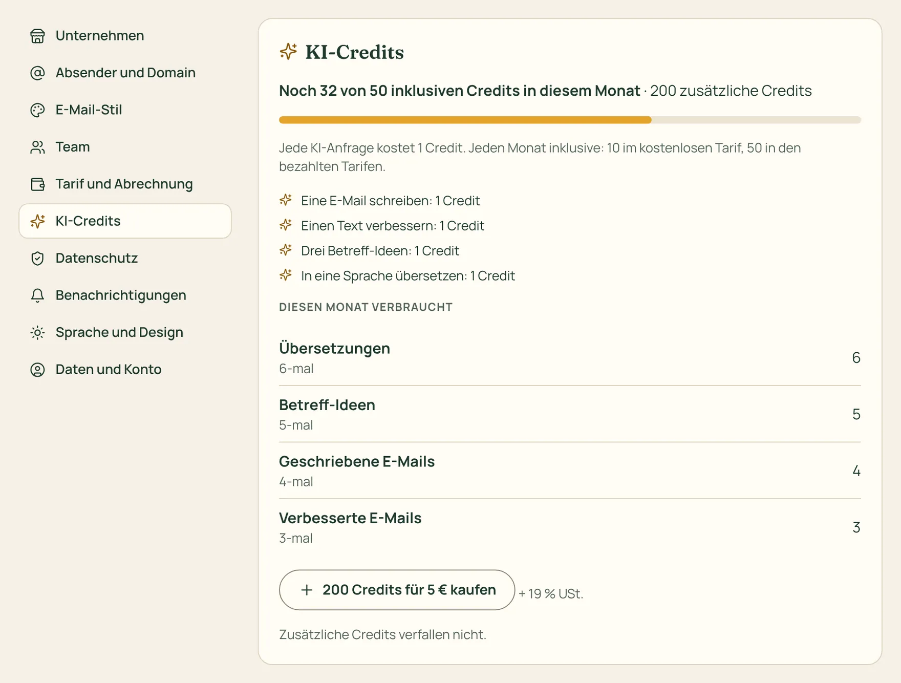 Die Seite der KI-Credits mit den verbleibenden Credits