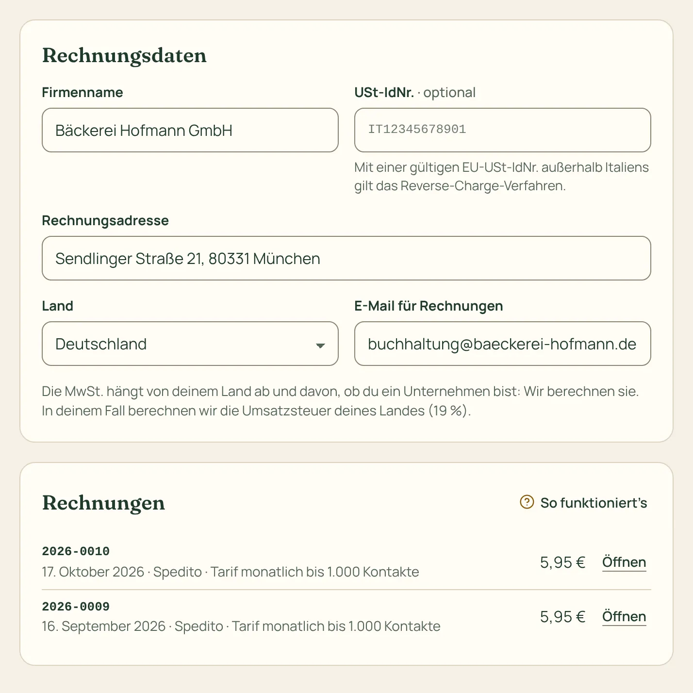 Die Rechnungsangaben und die Liste der Rechnungen