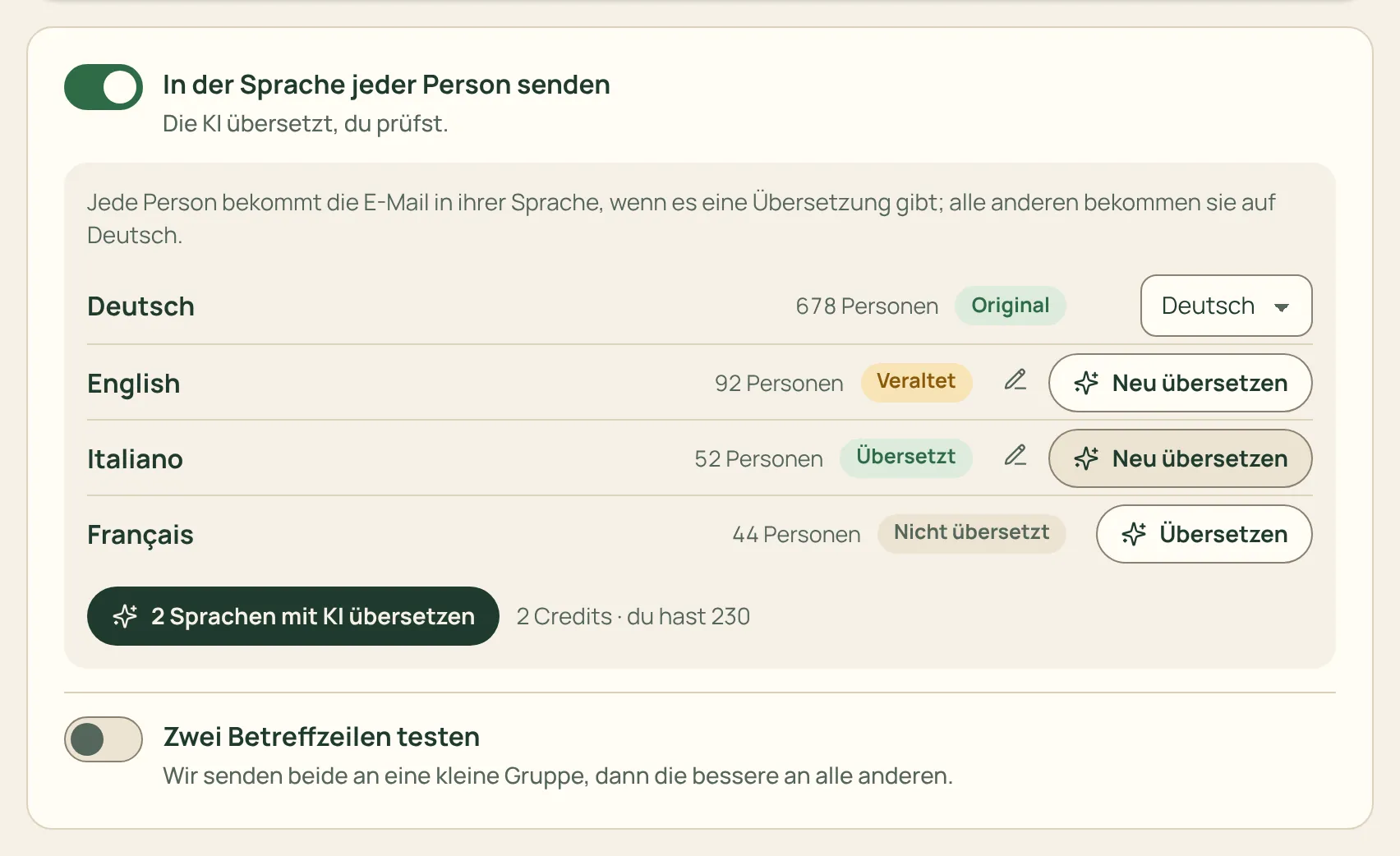 Eine E-Mail mit ihren Versionen in anderen Sprachen