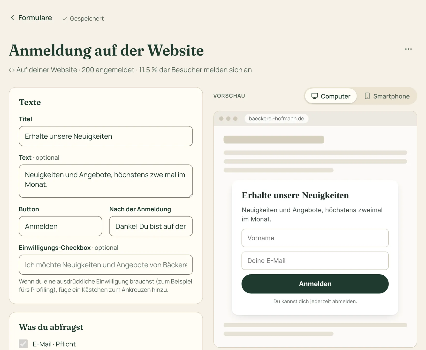 Der Editor eines Anmeldeformulars mit Vorschau