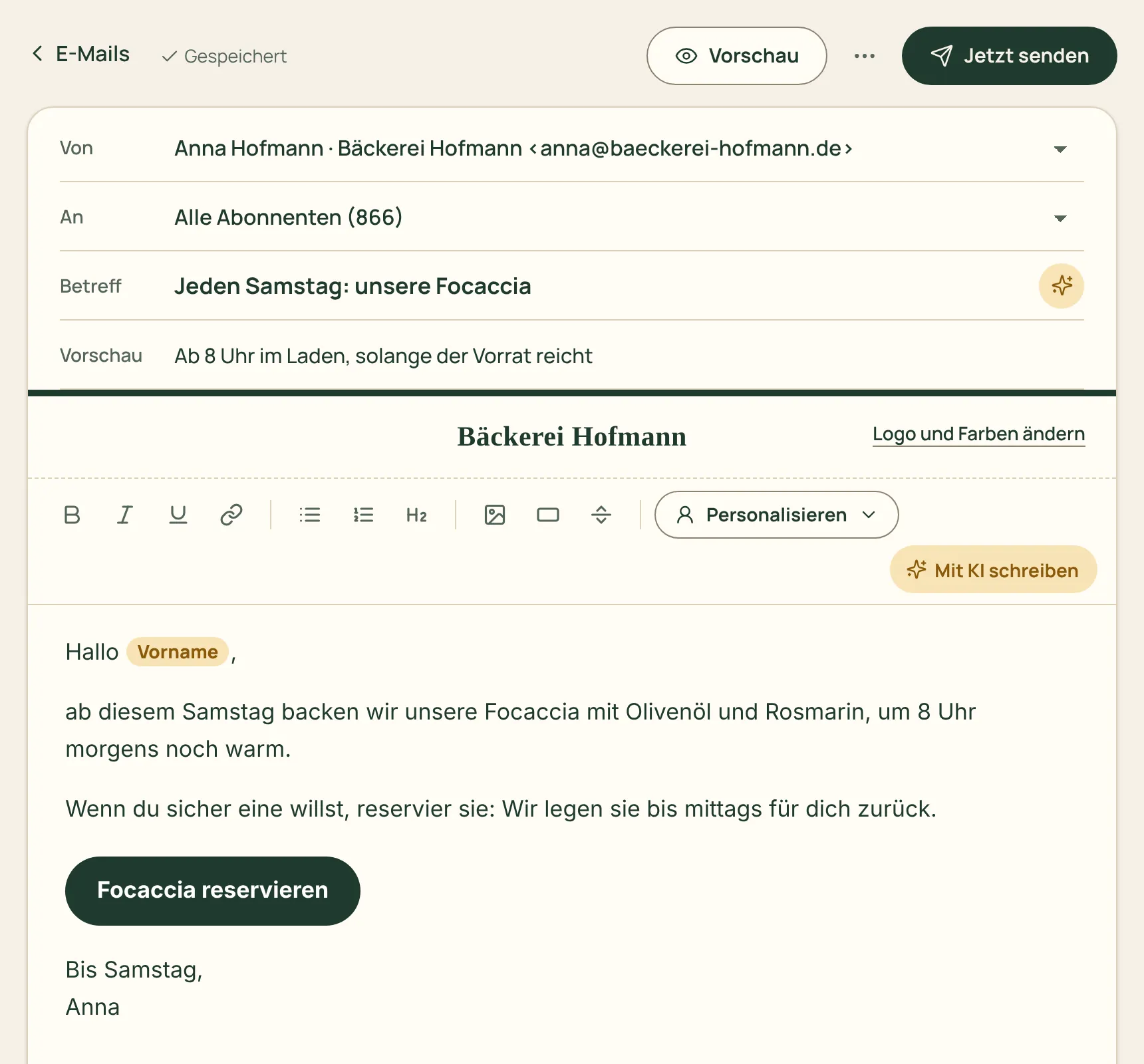 Der E-Mail-Editor mit Betreff, Text und Vorschau