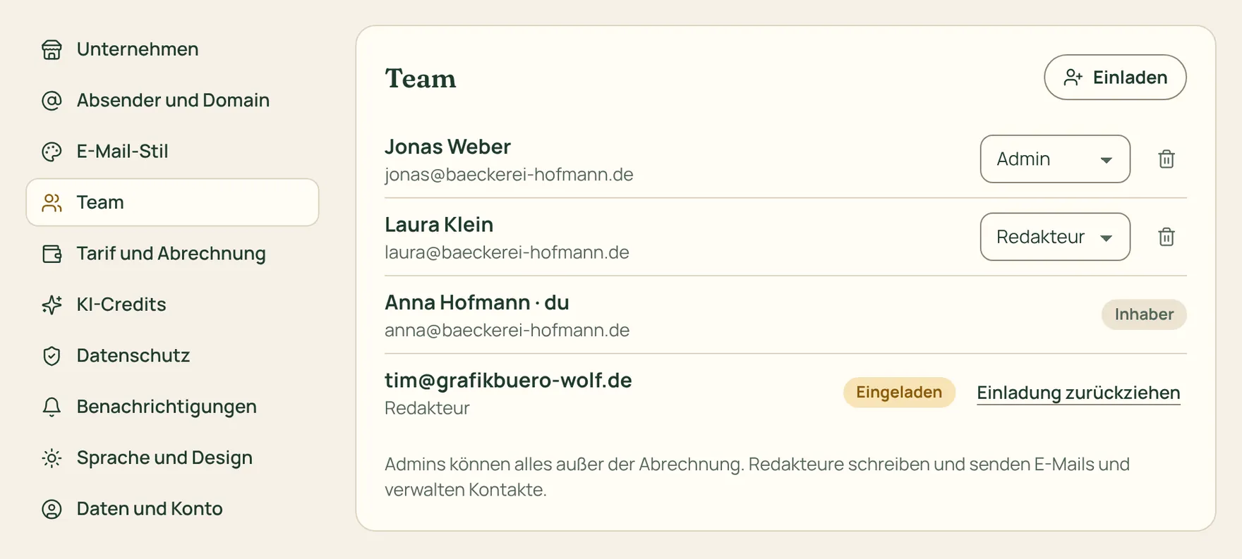 Das Team mit Rollen und einer offenen Einladung