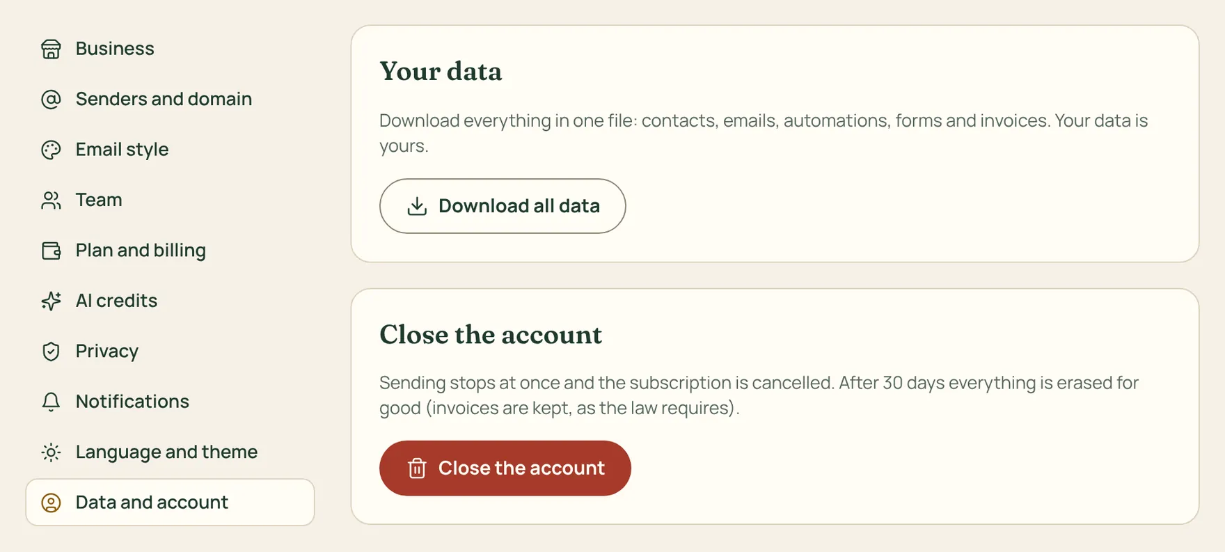 The page to download your data and close the account