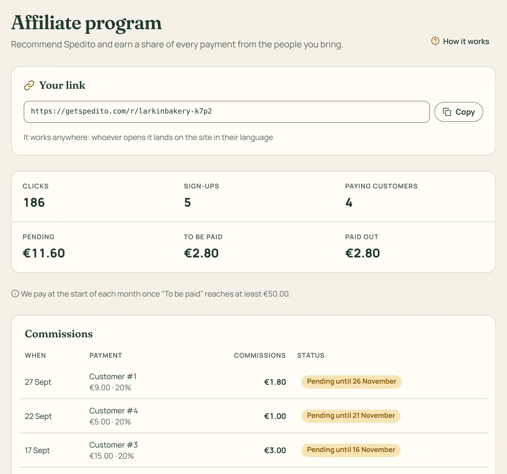 The affiliate page with link, customers and commissions