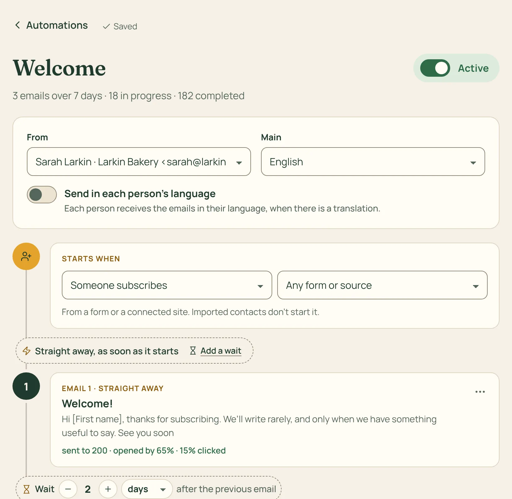 An automation with its emails and waits
