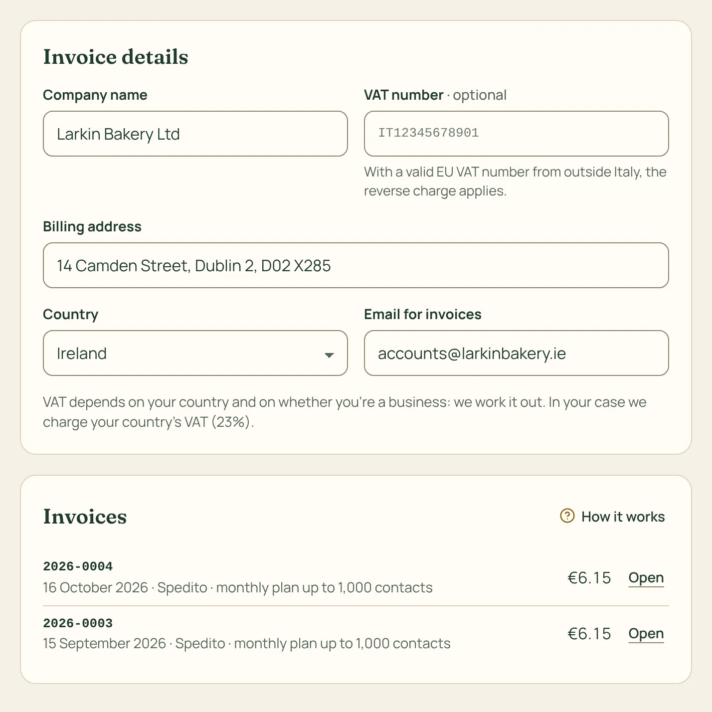 The billing details and the list of invoices