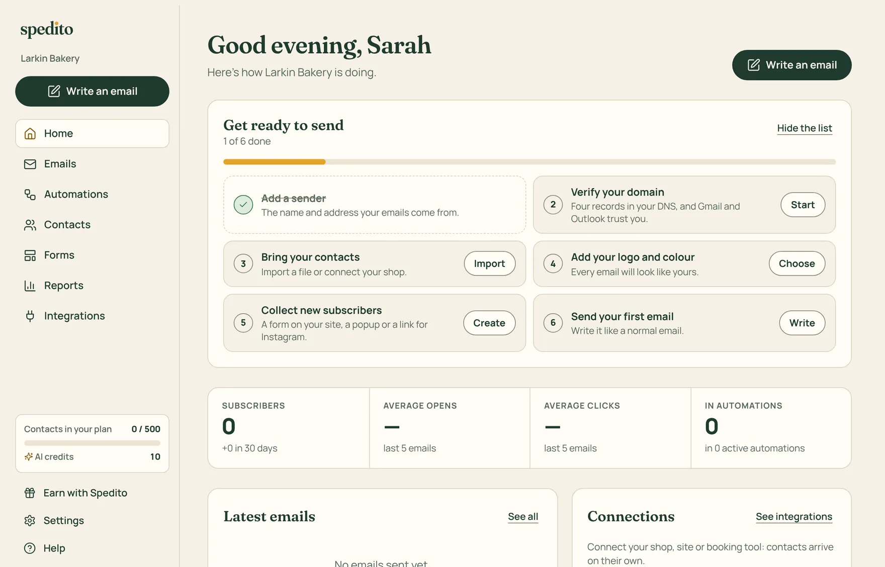 The Spedito home page with the getting-started checklist
