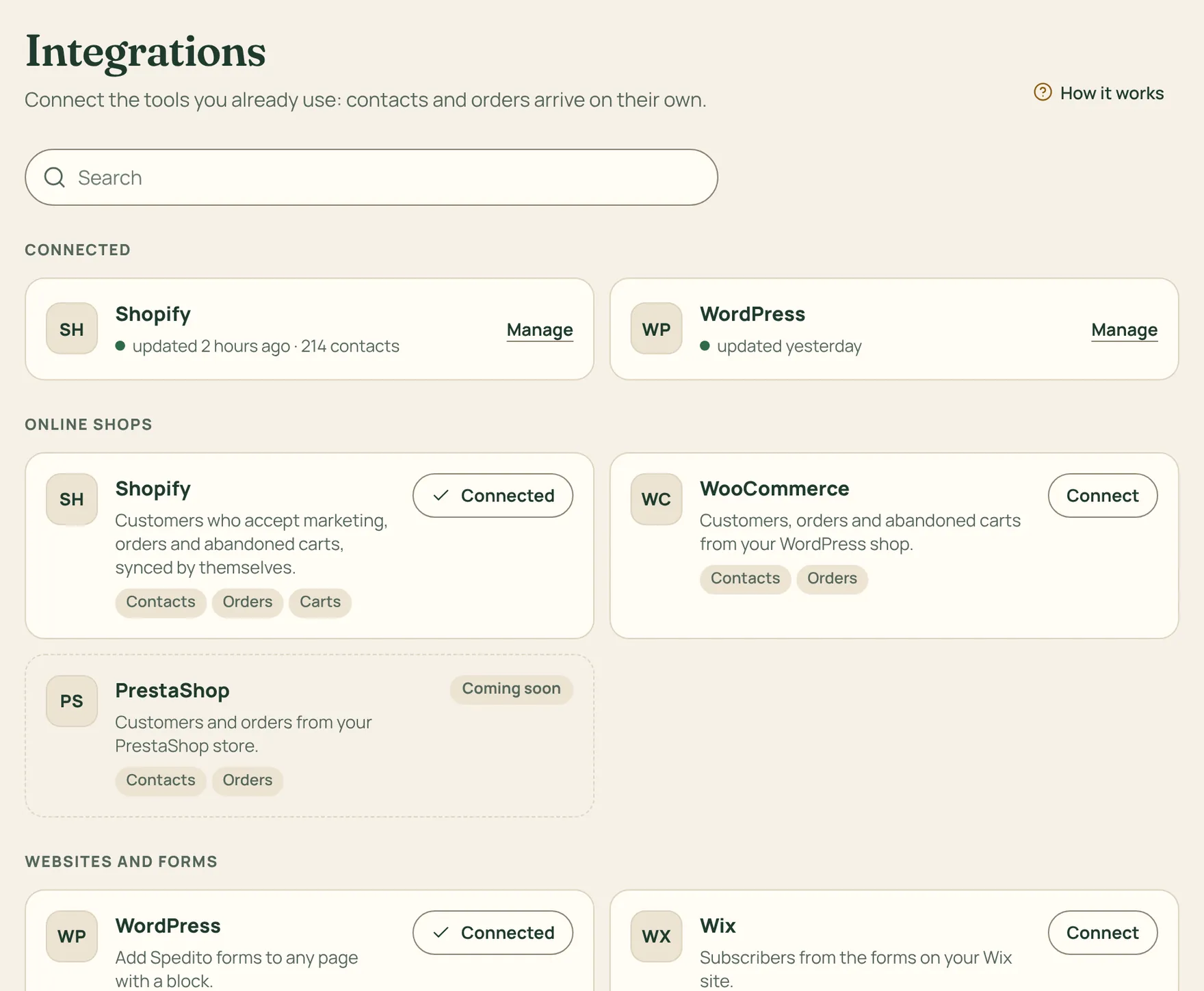 The integrations page