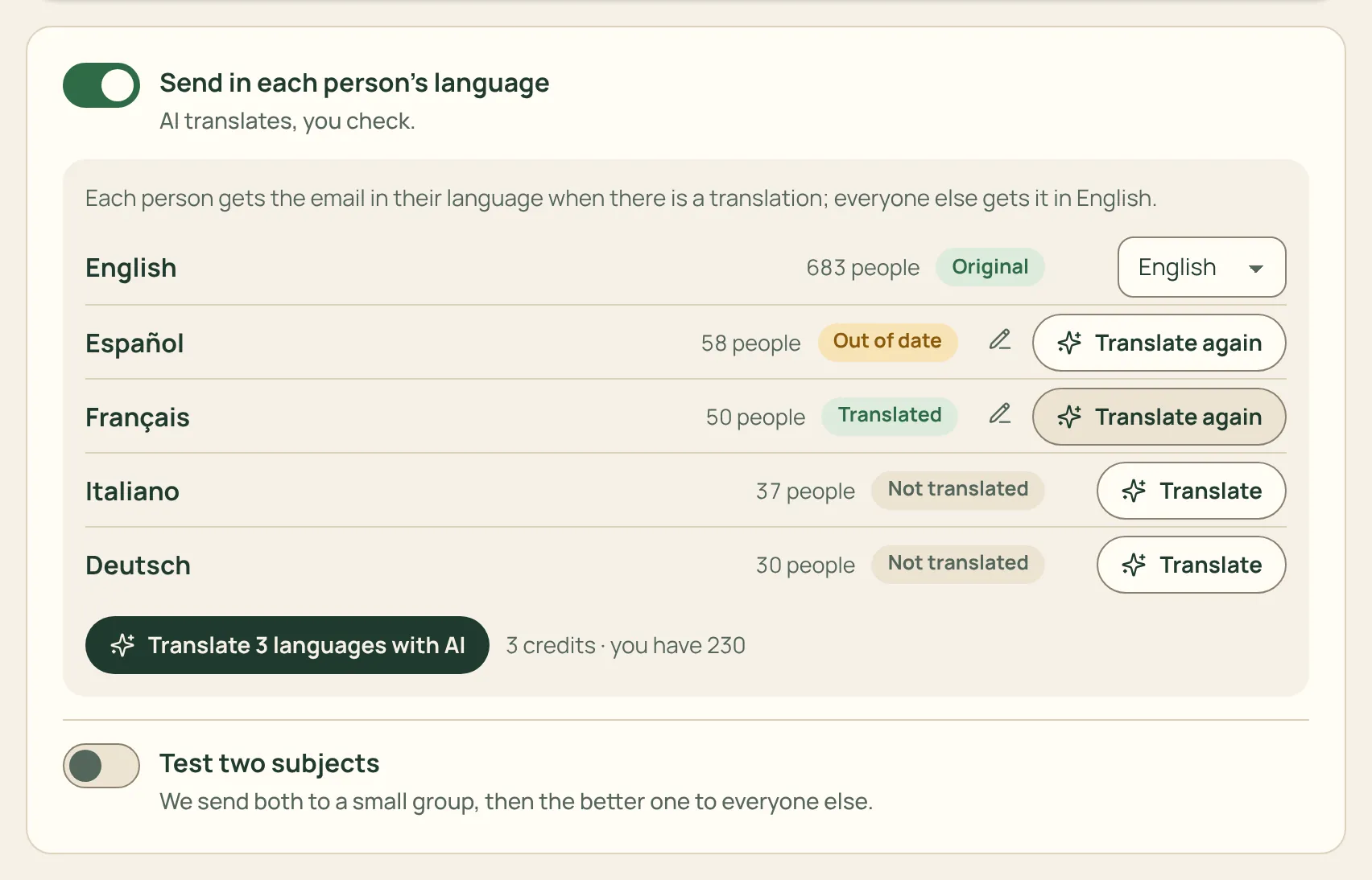 An email with its versions in other languages