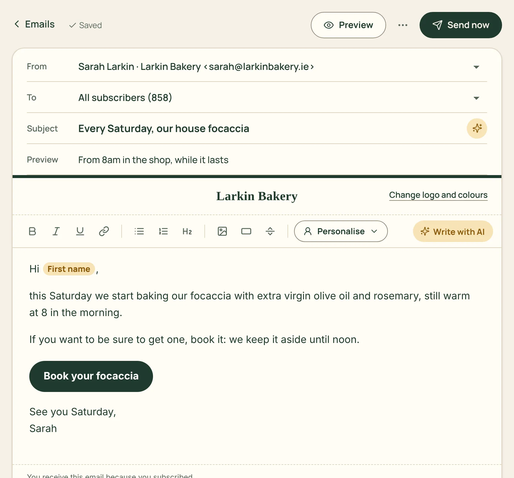 The email editor with subject, text and preview