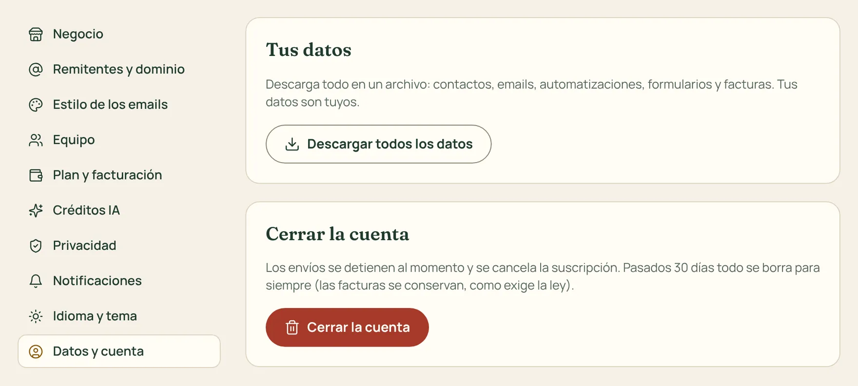 La página para descargar los datos y cerrar la cuenta