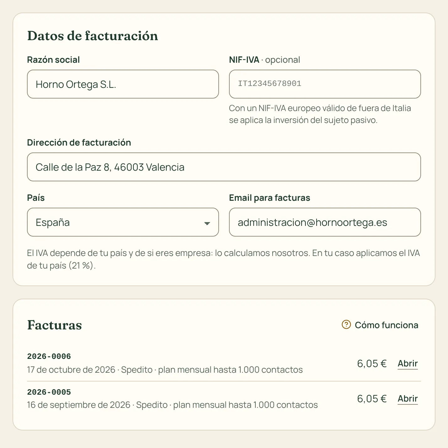 Los datos de facturación y la lista de facturas