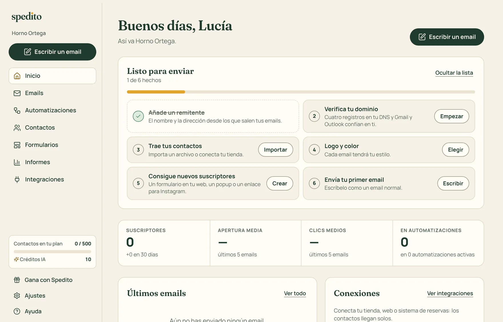 El inicio de Spedito con la lista de primeros pasos