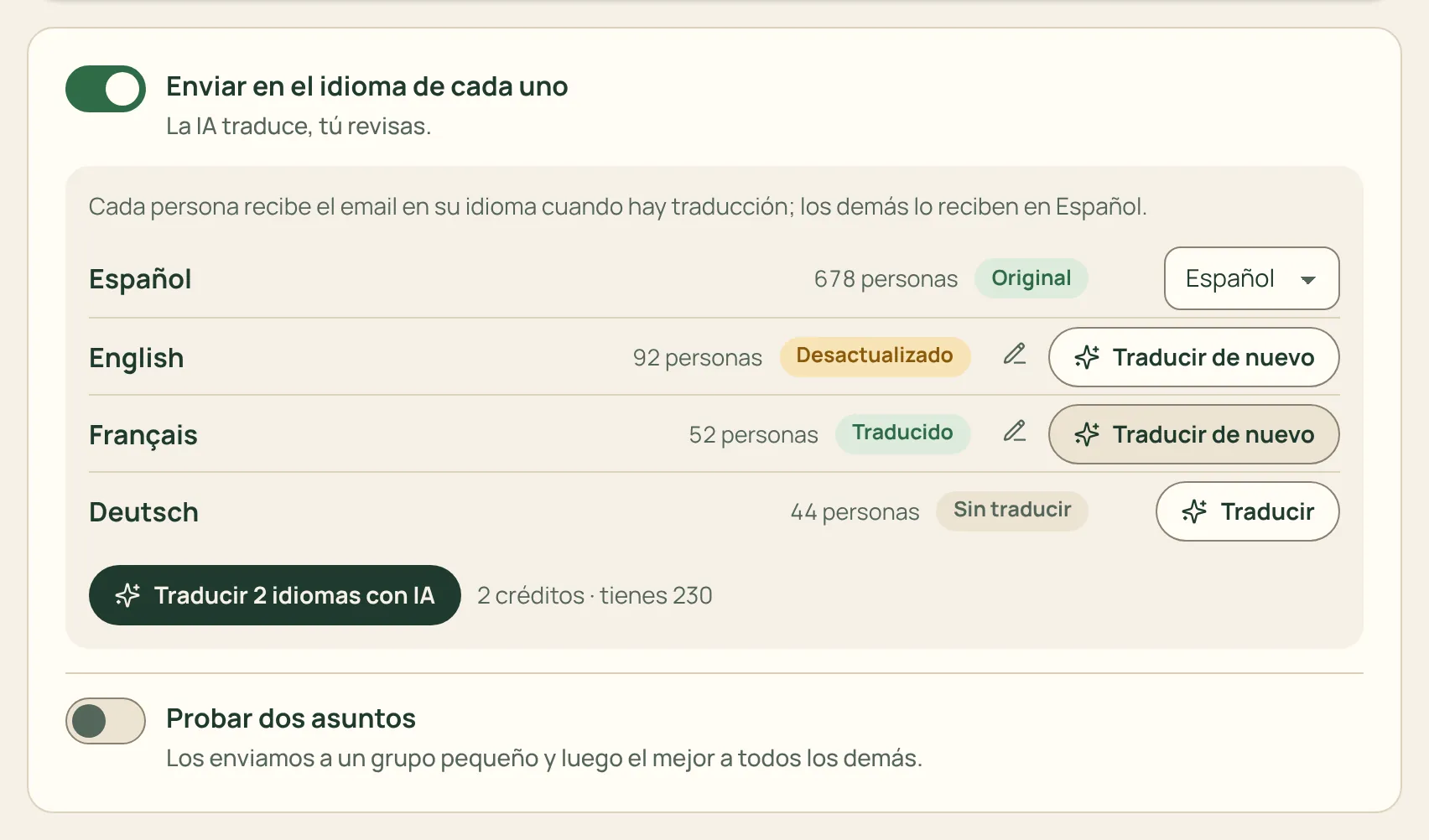 Un email con sus versiones en otros idiomas
