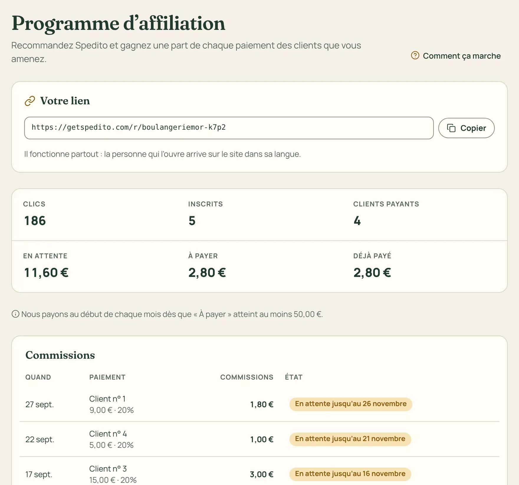 La page de l’affilié avec le lien, les clients et les commissions