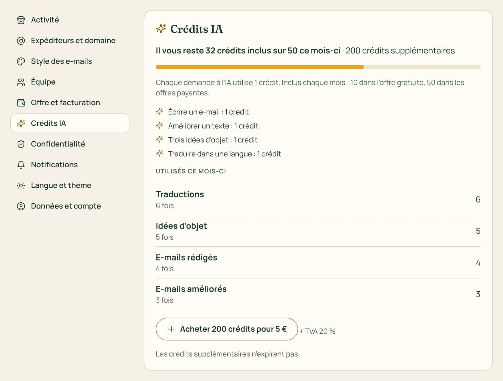 La page des crédits IA avec ceux qui restent