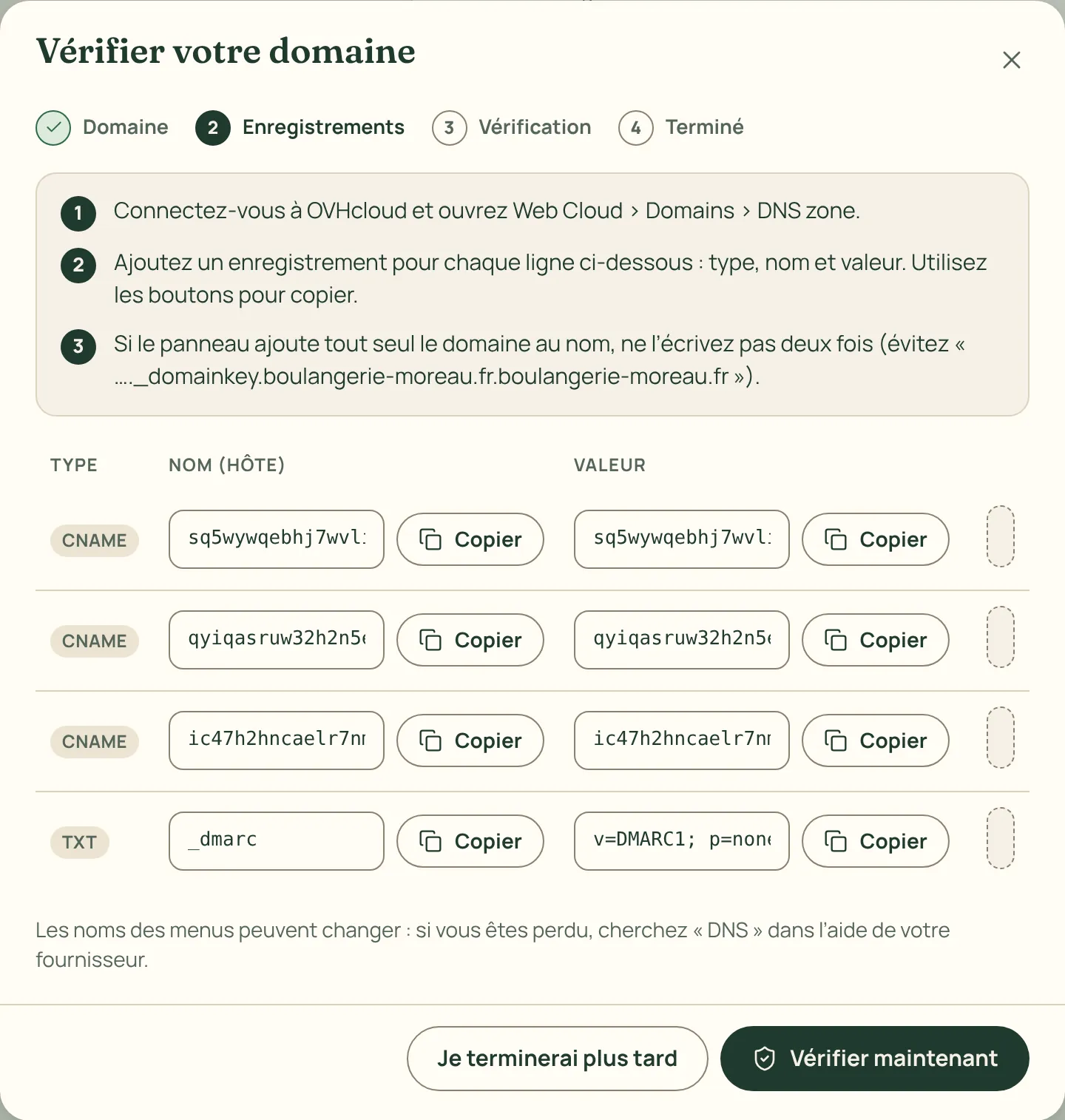 Les enregistrements DNS à copier pour vérifier le domaine