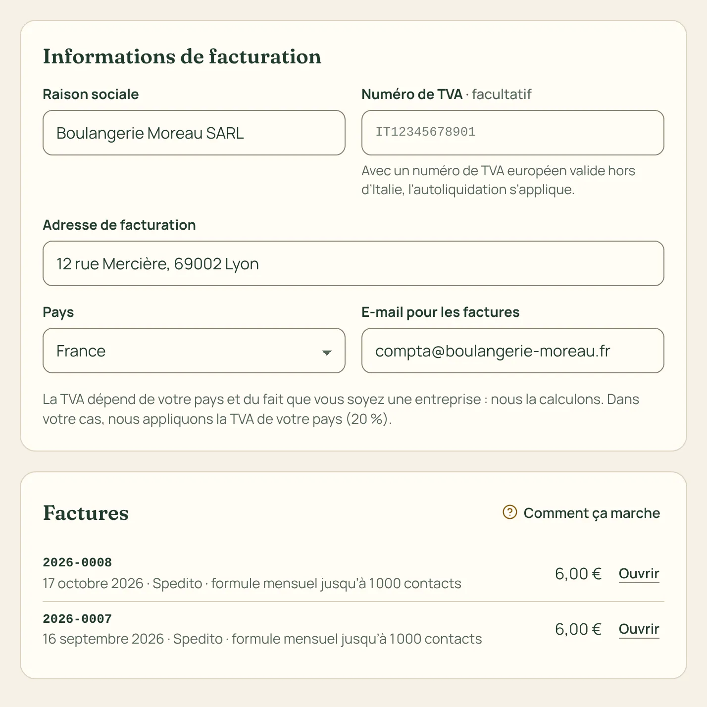 Les informations de facturation et la liste des factures