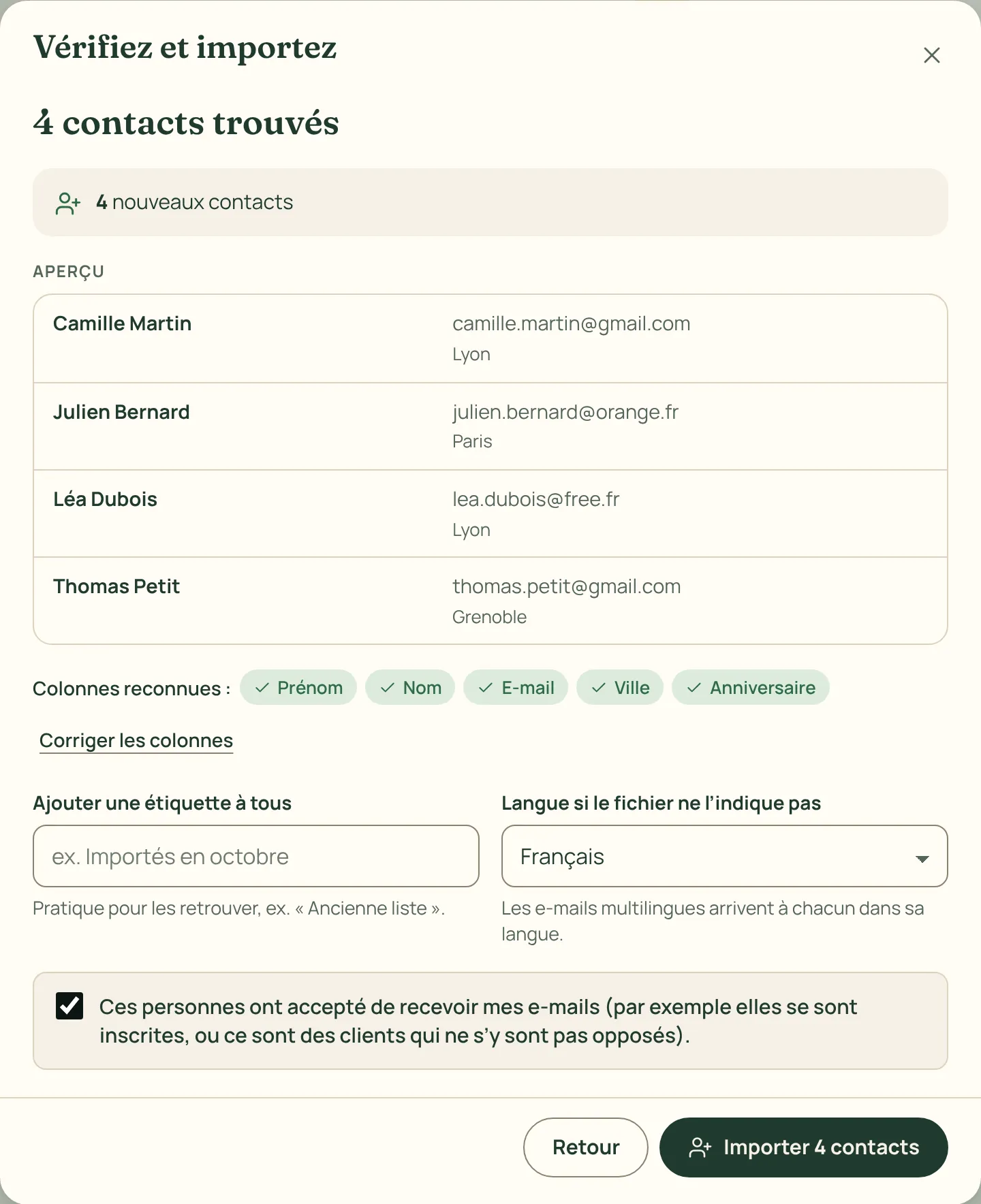 La fenêtre d’import avec les colonnes reconnues