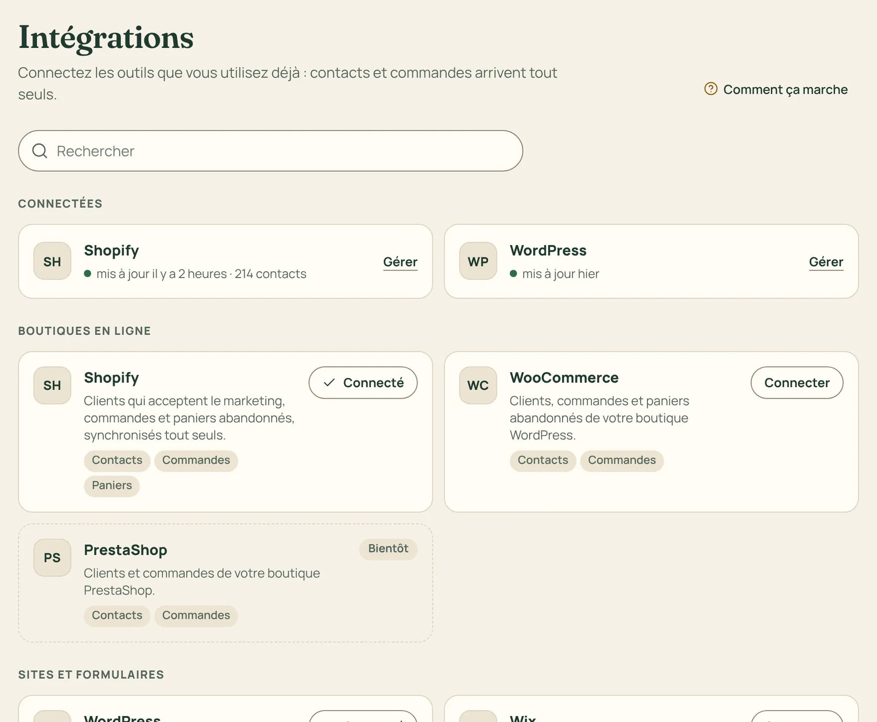 La page des intégrations