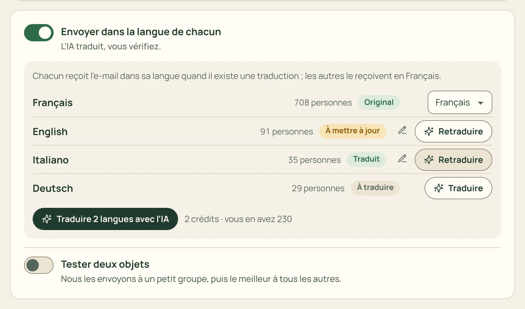 Un e-mail avec ses versions dans d’autres langues
