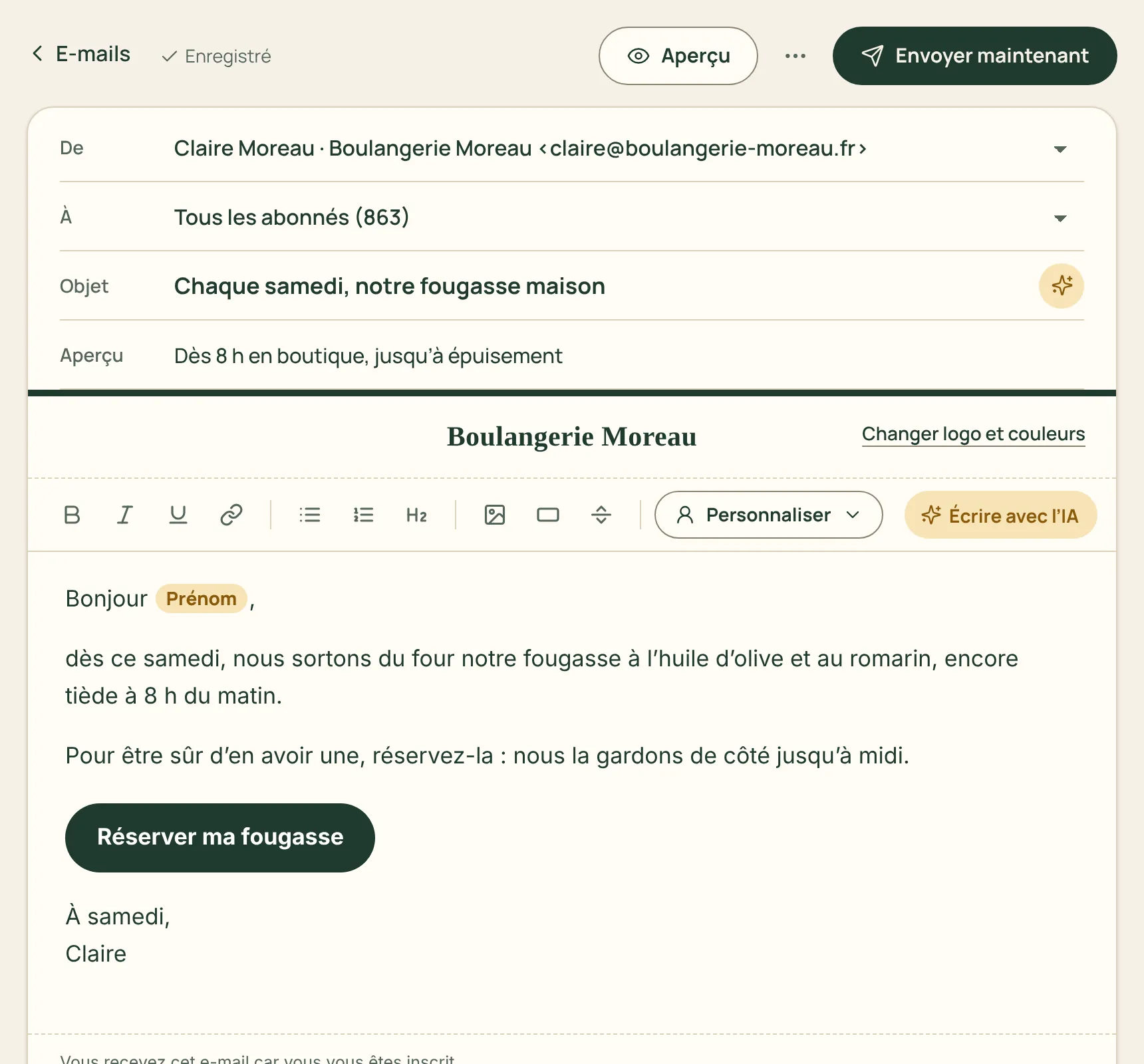 L’éditeur d’un e-mail avec l’objet, le texte et l’aperçu