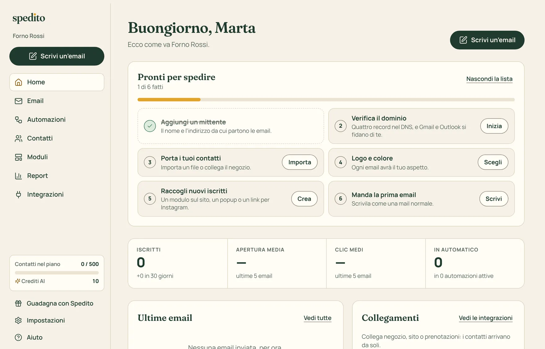 La home di Spedito con la lista dei primi passi