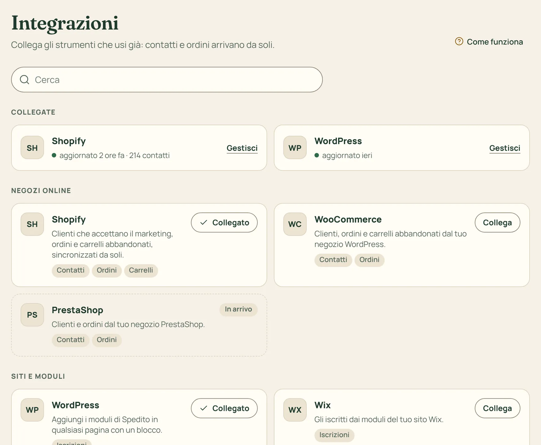 La pagina delle integrazioni