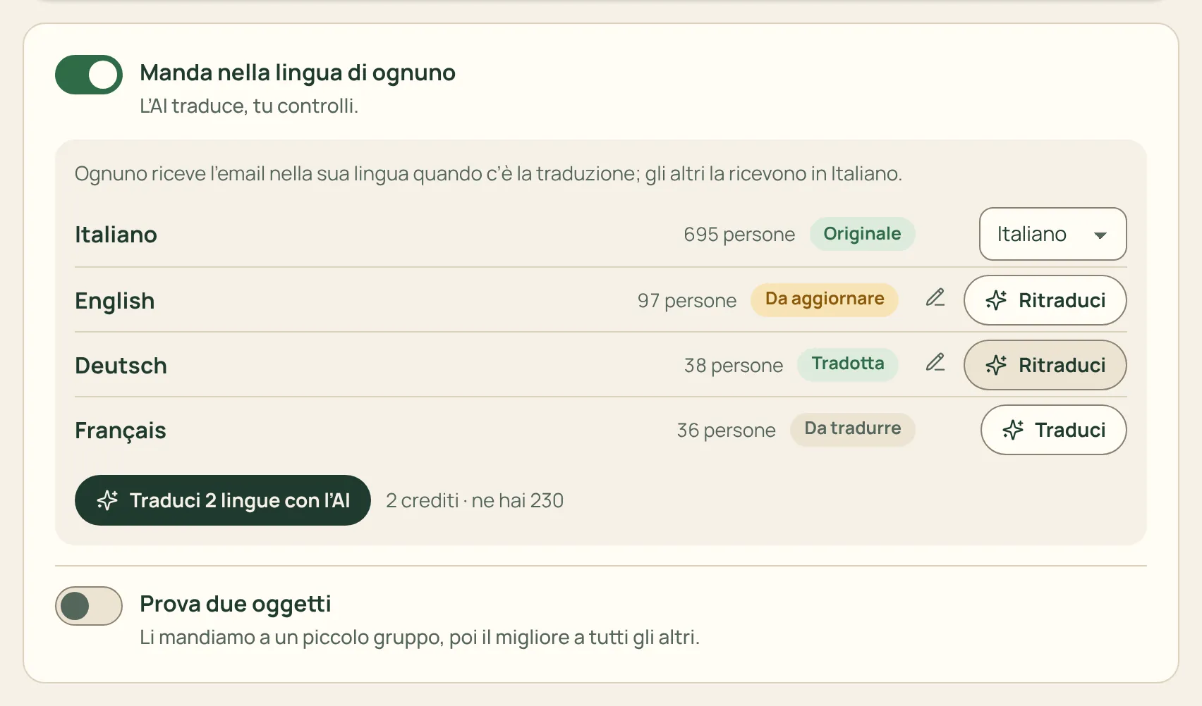 Un’email con le versioni nelle altre lingue