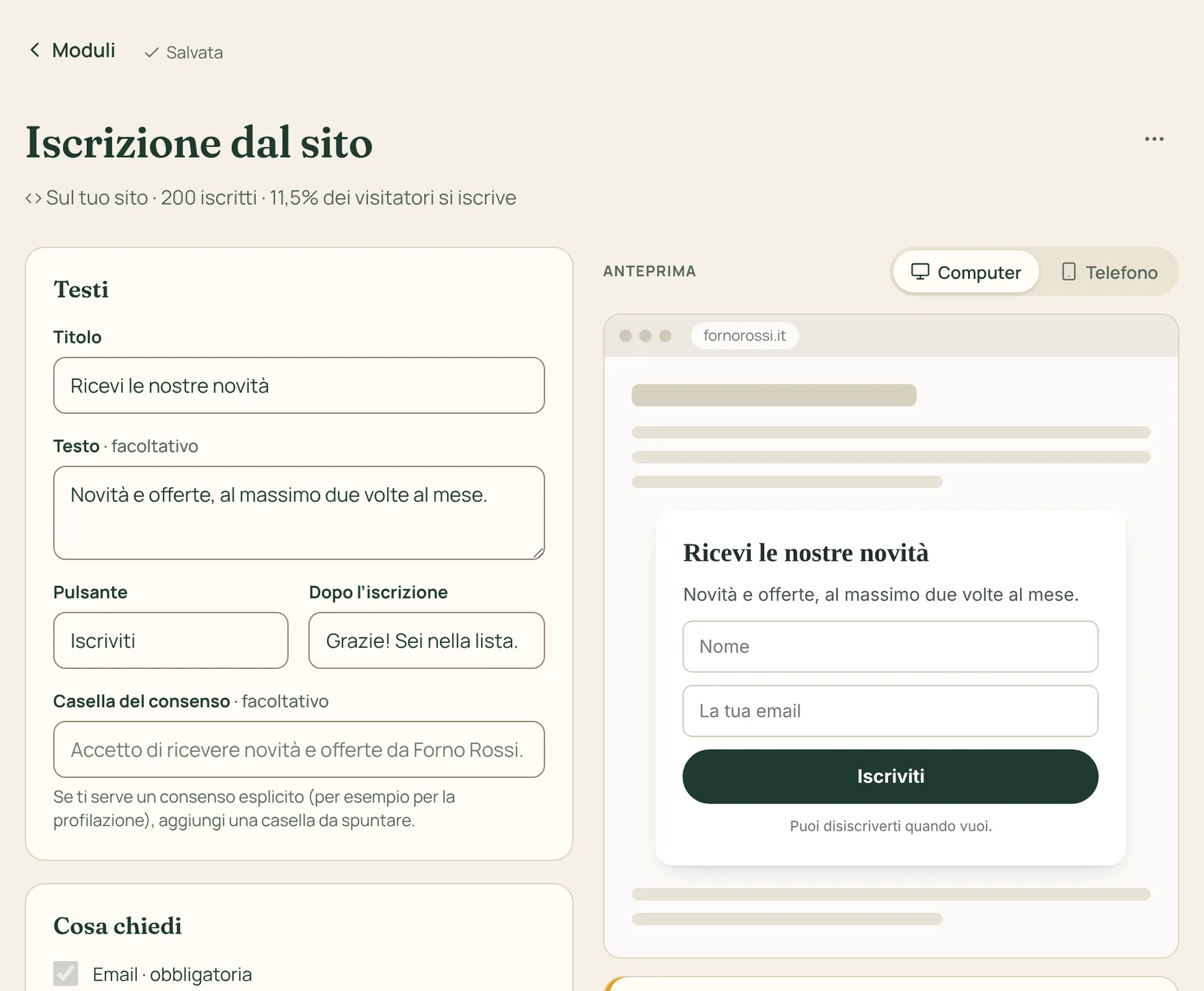 L’editor di un modulo di iscrizione con l’anteprima