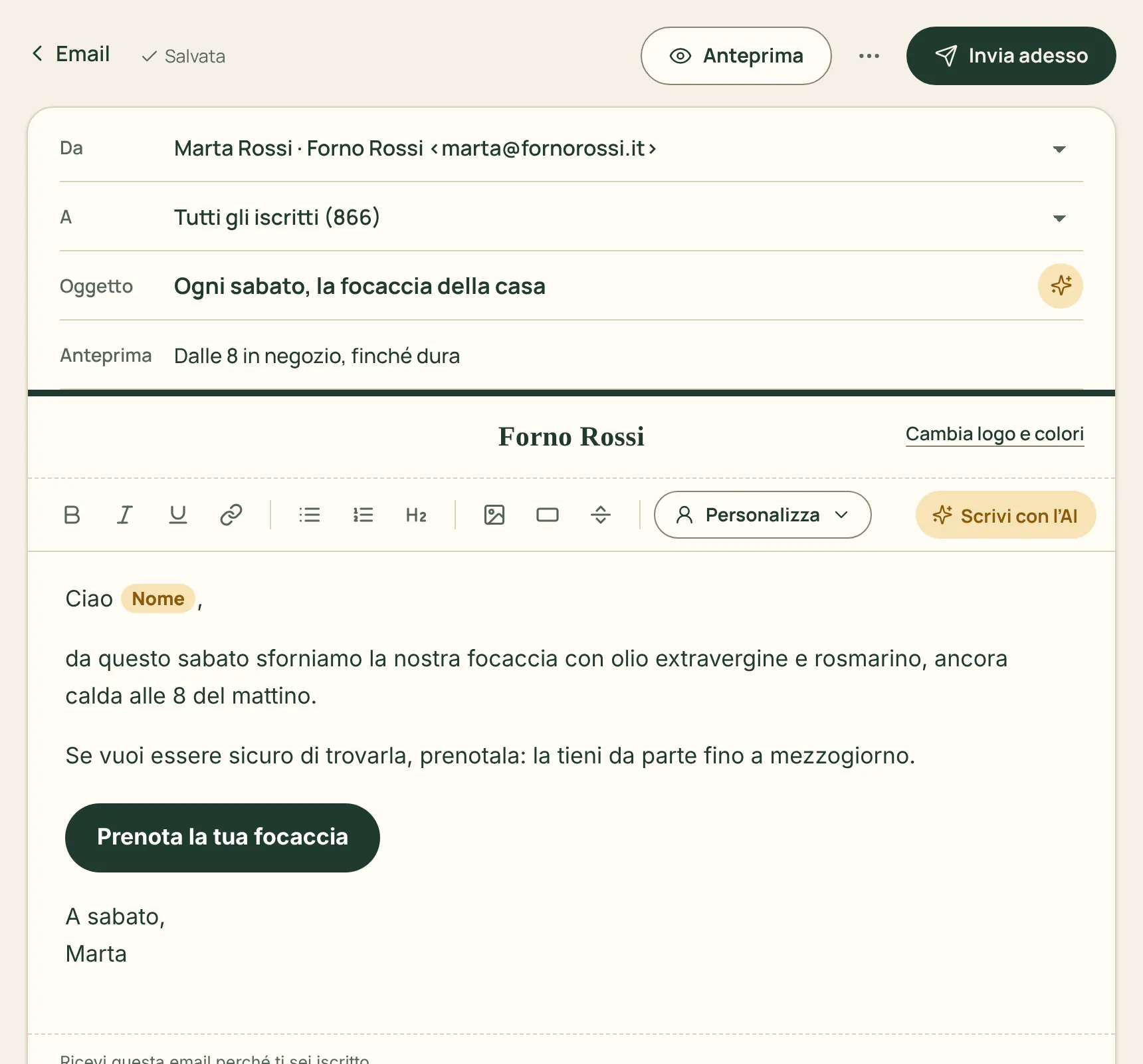 L’editor di un’email con oggetto, testo e anteprima
